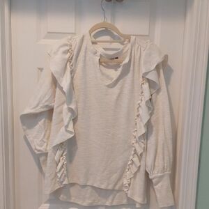 Anthropologie Ivory Ruffle V-Neck Sweater XL